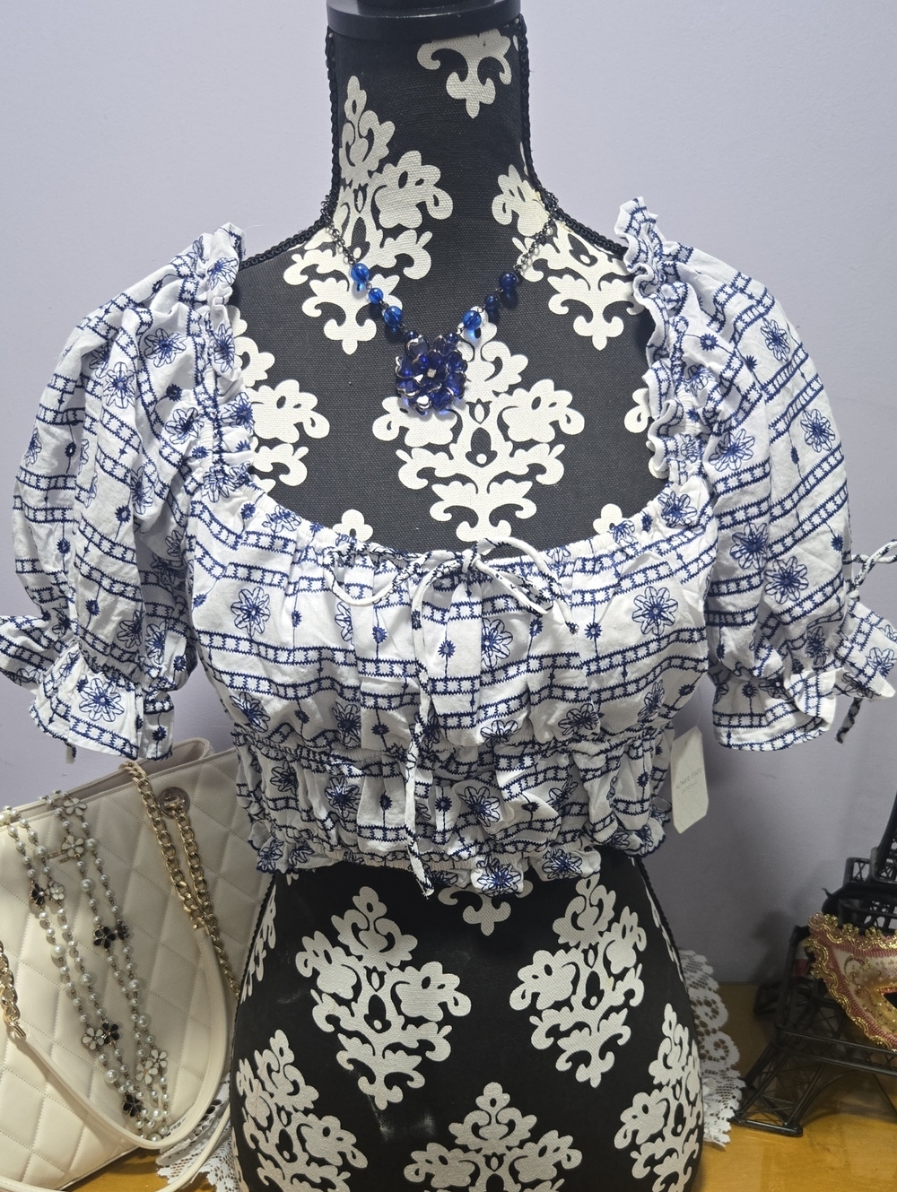 Altar'd State White Crop Top with Blue Floral Print